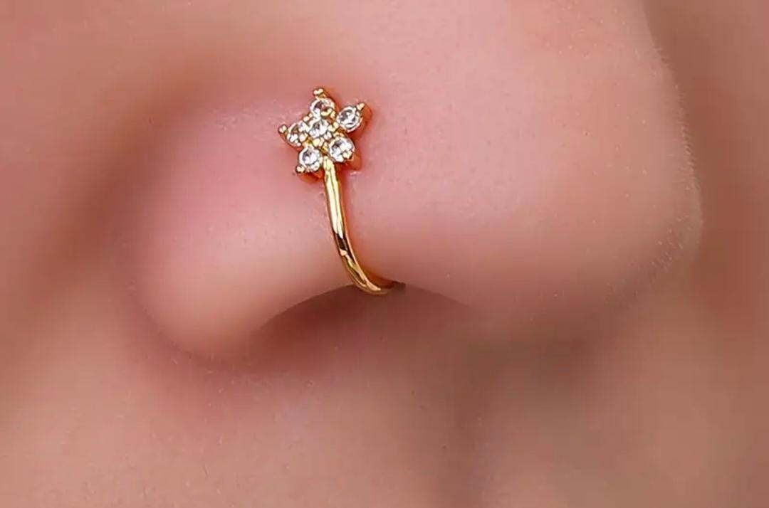 golden tone non piercing nose pin
white stone nose pin