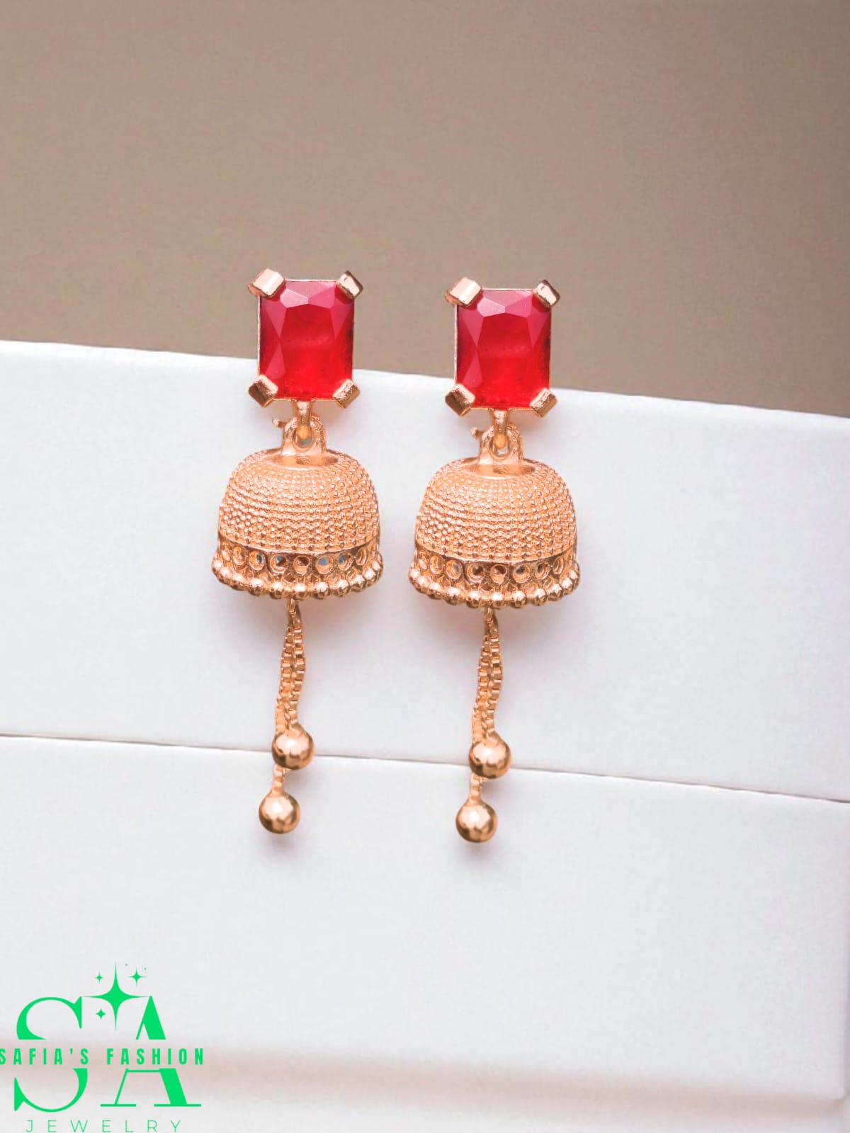 1 Carat Gold-Plated Red Stone Earrings – Elegant Women’s Jhumki