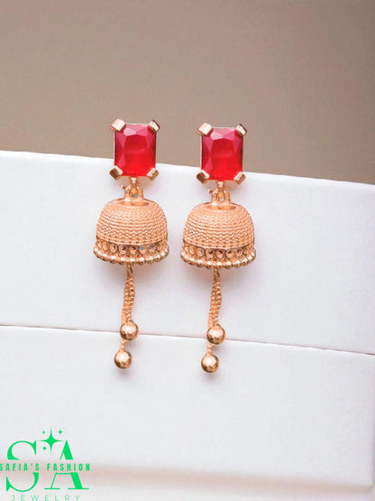 1 Carat Gold-Plated Red Stone Earrings – Elegant Women’s Jhumki