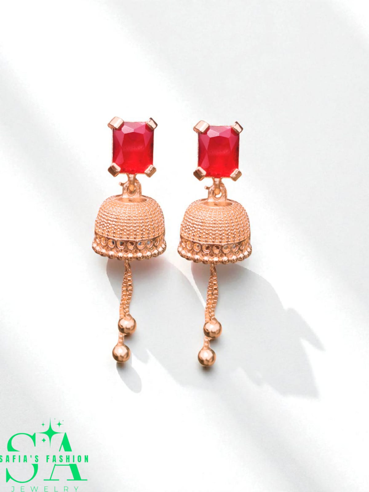 "1 Carat gold-plated red stone jhumki earrings for women
