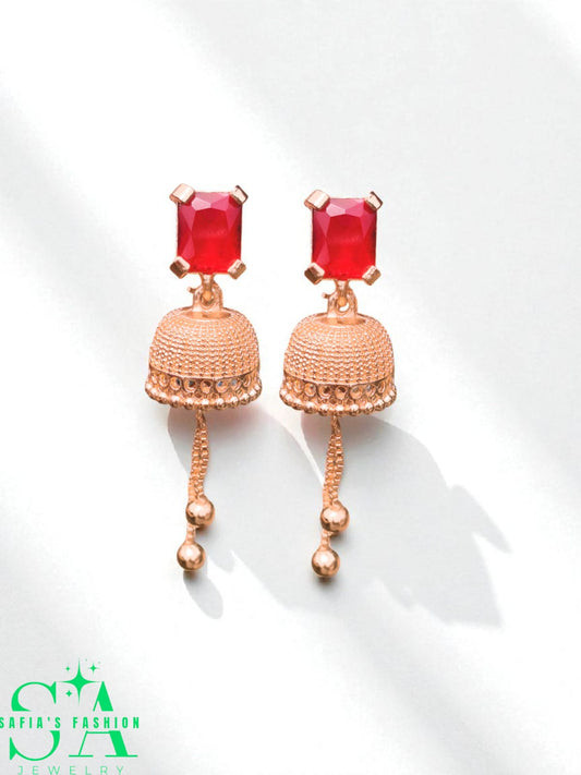 "1 Carat gold-plated red stone jhumki earrings for women