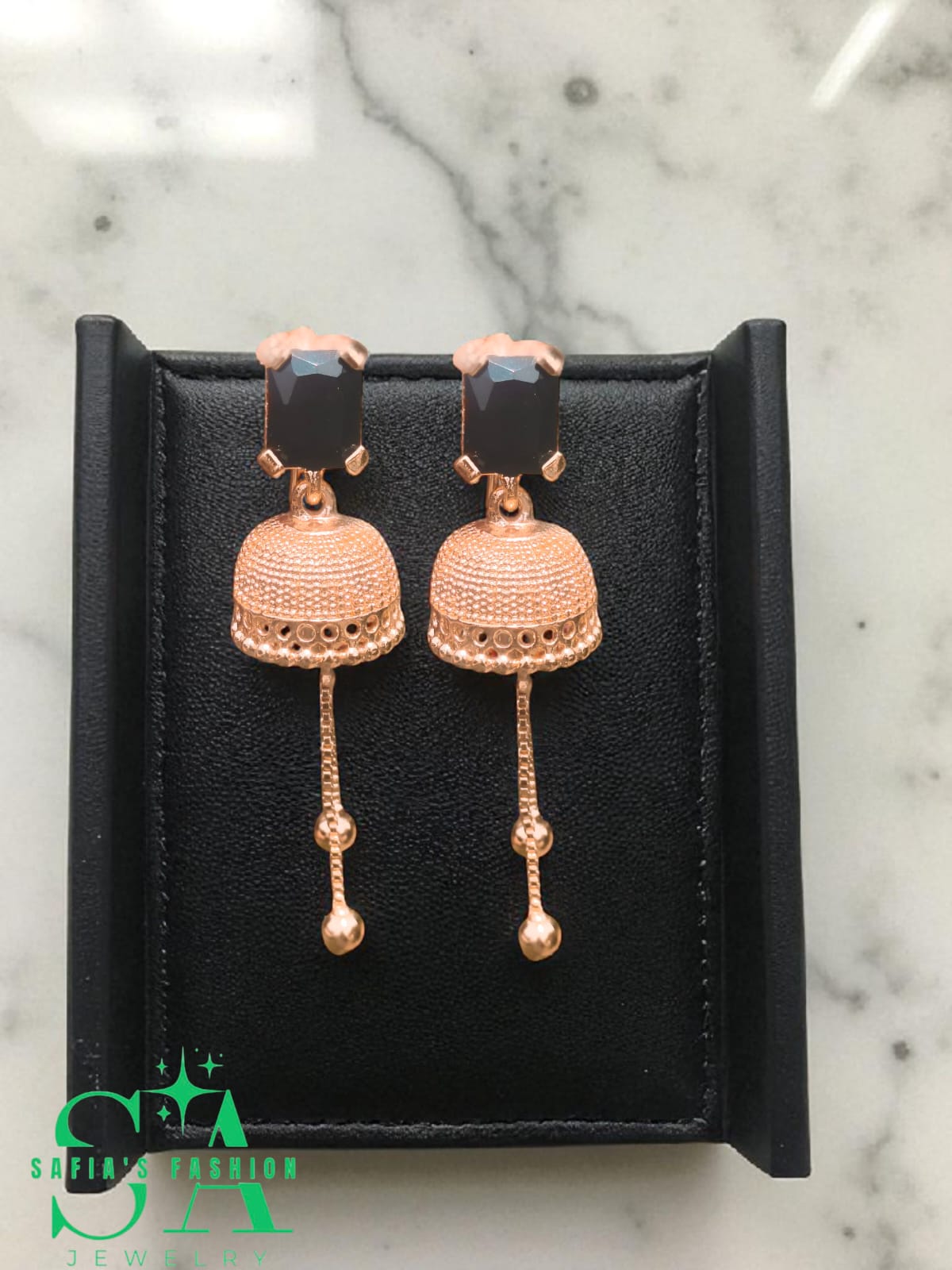 1 Carat gold-plated black stone jhumki earrings for women