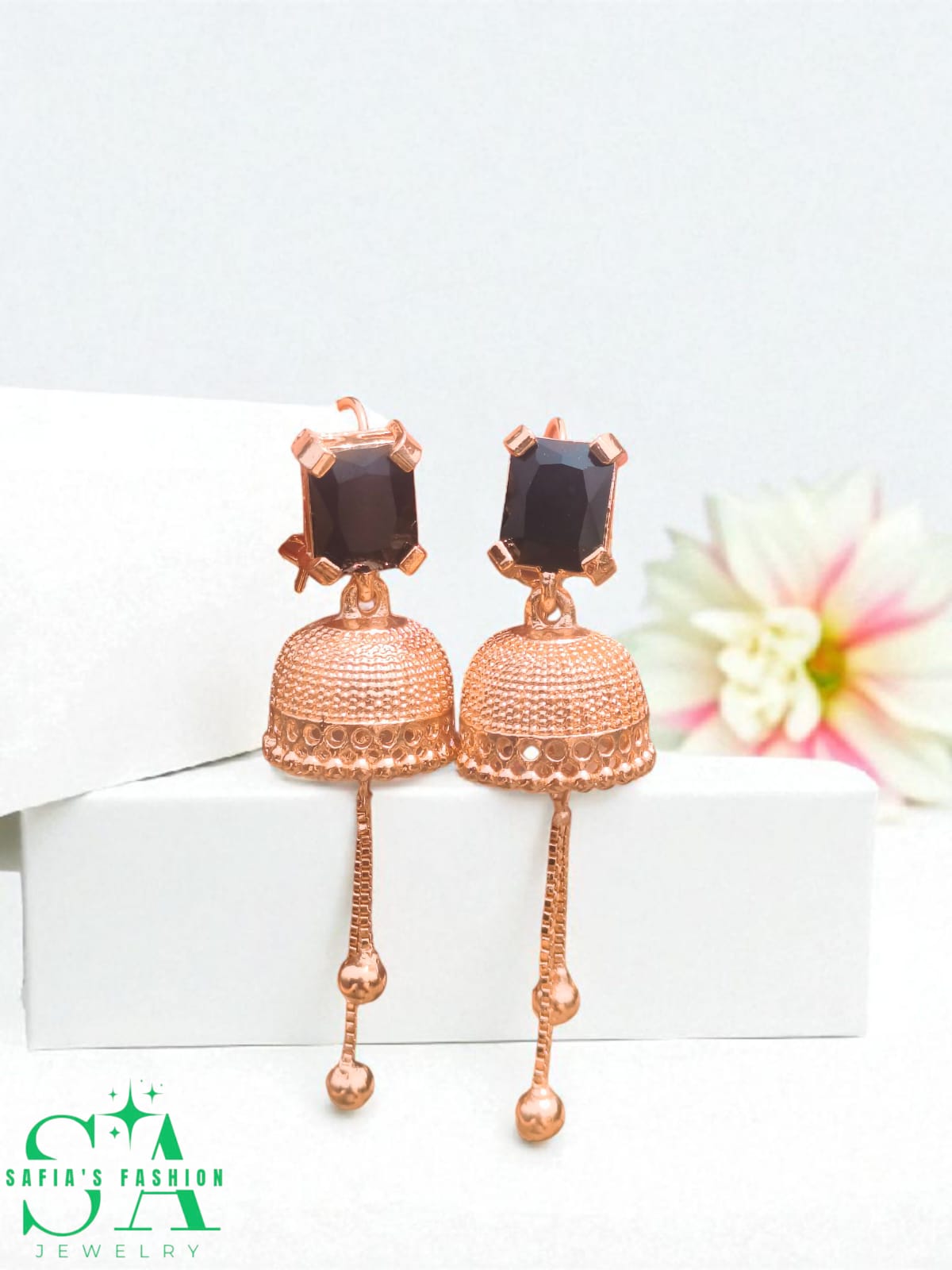 1 Carat gold-plated black stone jhumki earrings for women