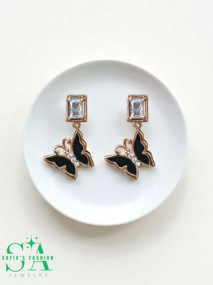 Black butterfly earrings with diamond zircon stones