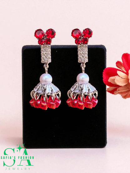 Traditional silver long jhumka with red stones